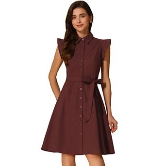 Women's Work Ruffled Sleeve Button Down Belted Knee Length Shirt Dress