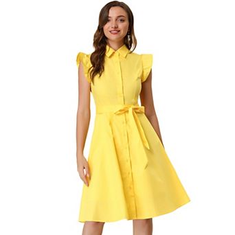 Women's Work Ruffled Sleeve Button Down Belted Knee Length Shirt Dress