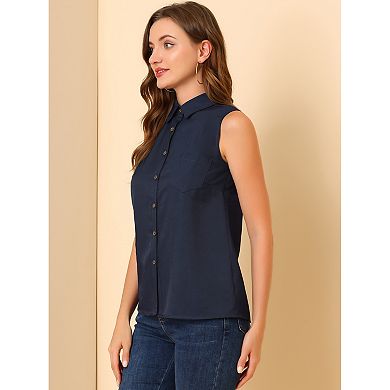 Women's Point Collar Single Breasted Sleeveless Shirt
