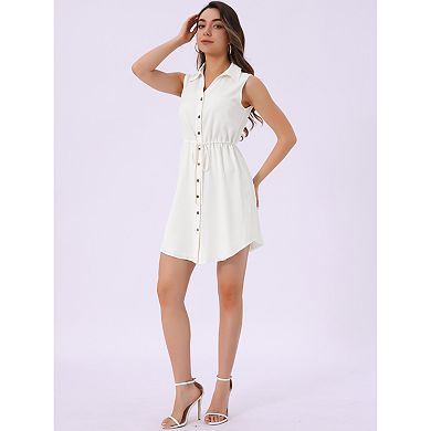 Women's Sleeveless Collar Button Down Tie Waist Belt Denim Shirt Dress
