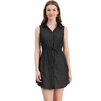 Women's Sleeveless Collar Button Down Tie Waist Belt Denim Shirt Dress