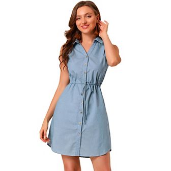 Women's Sleeveless Collar Button Down Tie Waist Belt Denim Shirt Dress