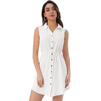 Women's Sleeveless Collar Button Down Tie Waist Belt Denim Shirt Dress