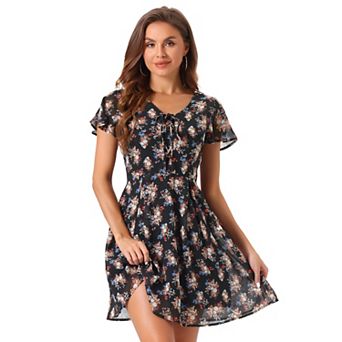 Women's Floral Lace-up Chiffon Dress