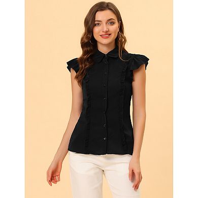 Women's Ruffle Bow Tie Chiffon Top Peter Pan Collar Button Down Shirts