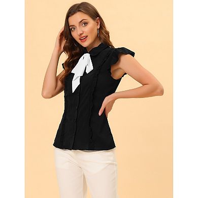 Women's Ruffle Bow Tie Chiffon Top Peter Pan Collar Button Down Shirts