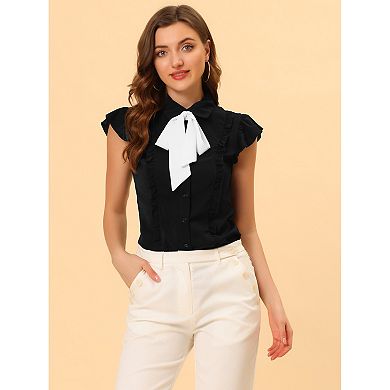 Women's Ruffle Bow Tie Chiffon Top Peter Pan Collar Button Down Shirts