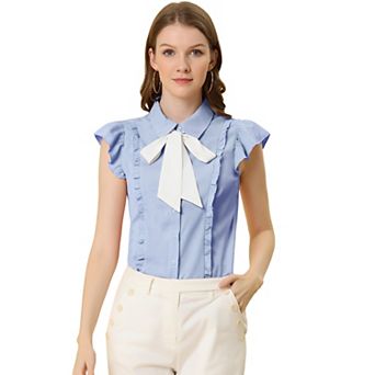 Women's Ruffle Bow Tie Chiffon Top Peter Pan Collar Button Down Shirts