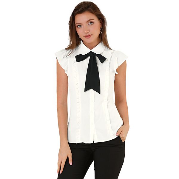 Women's Ruffle Bow Tie Chiffon Top Peter Pan Collar Button Down Shirts