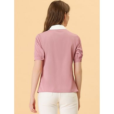 Women's Contrast Collar Tie Ruffle Front Button Short Sleeve Work Shirt
