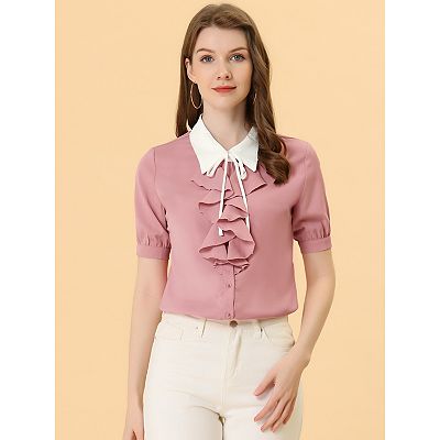 Women's Contrast Collar Tie Ruffle Front Button Short Sleeve Work
