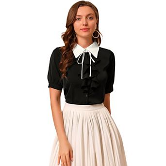 Women's Contrast Collar Tie Ruffle Front Button Short Sleeve Work Shirt