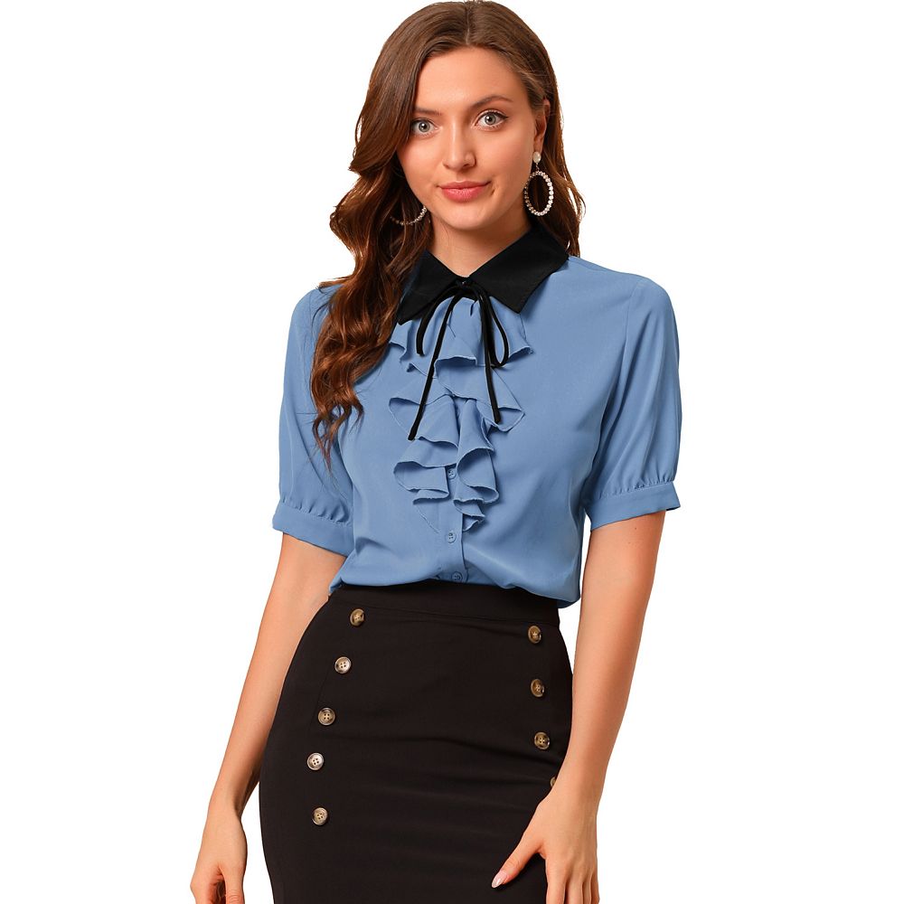 Coffee Shirt Collar Contrast Trim Button V Neck Short Sleeve Blouse