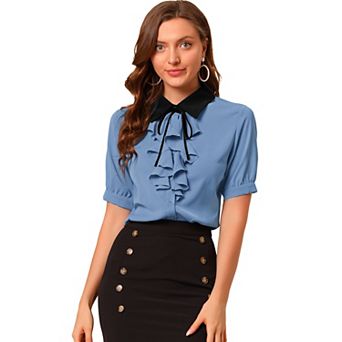Women's Contrast Collar Tie Ruffle Front Button Short Sleeve Work Shirt