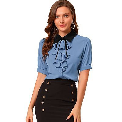 Women s Contrast Collar Tie Ruffle Front Button Short Sleeve Work Shirt