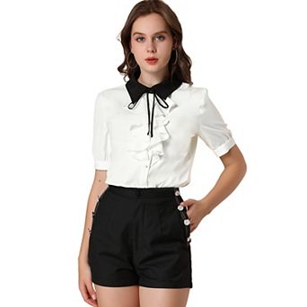 Women's Contrast Collar Tie Ruffle Front Button Short Sleeve Work Shirt