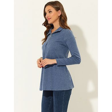 Women's Zipper Mock Neck Pleated Front Long Sleeve Casual Tunic Top