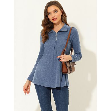 Women's Zipper Mock Neck Pleated Front Long Sleeve Casual Tunic Top
