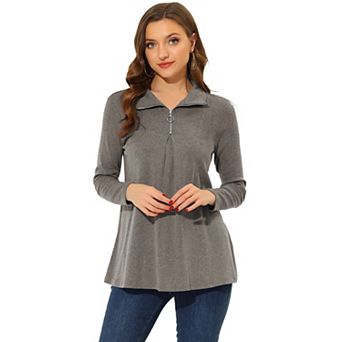 Women's Zipper Mock Neck Pleated Front Long Sleeve Casual Tunic Top