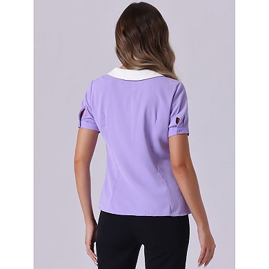 Women's Work Office Contrast Peter Pan Collar Short Sleeve Blouse Shirt