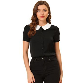 Women's Work Office Contrast Peter Pan Collar Short Sleeve Blouse Shirt