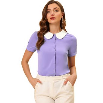 Women's Work Office Contrast Peter Pan Collar Short Sleeve Blouse Shirt