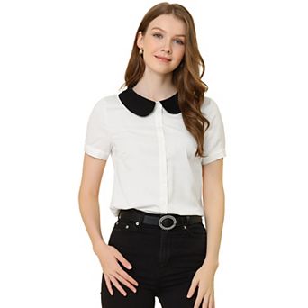 Women's Work Office Contrast Peter Pan Collar Short Sleeve Blouse Shirt