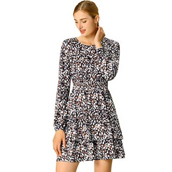 Women's Costume Leopard Long Sleeve Smock Layered Ruffle Hem Dress