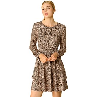 Women's Costume Leopard Long Sleeve Smock Layered Ruffle Hem Dress