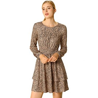 Women's Costume Leopard Long Sleeve Smock Layered Ruffle Hem Dress