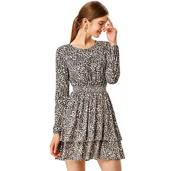 Women's Costume Leopard Long Sleeve Smock Layered Ruffle Hem Dress