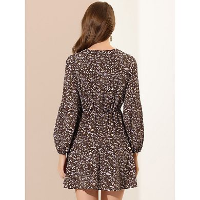 Women's V Neck Floral Print Elastic Waist Button Down A-line Mini Dress