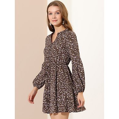 Women's V Neck Floral Print Elastic Waist Button Down A-line Mini Dress