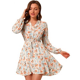 Women's V Neck Floral Print Elastic Waist Button Down A-line Mini Dress