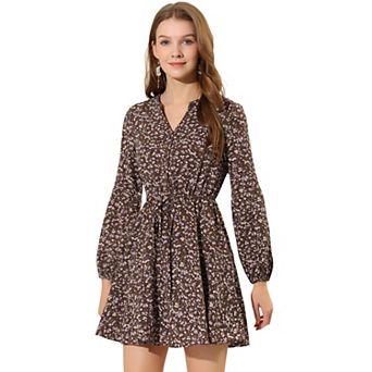 Women's V Neck Floral Print Elastic Waist Button Down A-line Mini Dress