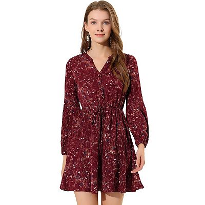 Women's V Neck Floral Print Elastic Waist Button Down A-Line Mini Dress