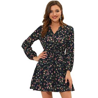 Women's V Neck Floral Print Elastic Waist Button Down A-line Mini Dress