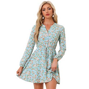 Women's V Neck Floral Print Elastic Waist Button Down A-line Mini Dress
