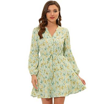 Women's V Neck Floral Print Elastic Waist Button Down A-line Mini Dress