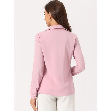 V Neck Blouse for Women's Lapel Collar Mesh Panel Lantern Sleeve Elegant Office Work Shirt