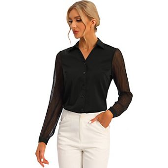 V Neck Blouse for Women's Lapel Collar Mesh Panel Lantern Sleeve Elegant Office Work Shirt