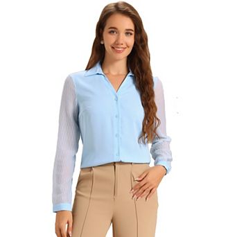 V Neck Blouse for Women's Lapel Collar Mesh Panel Lantern Sleeve Elegant Office Work Shirt