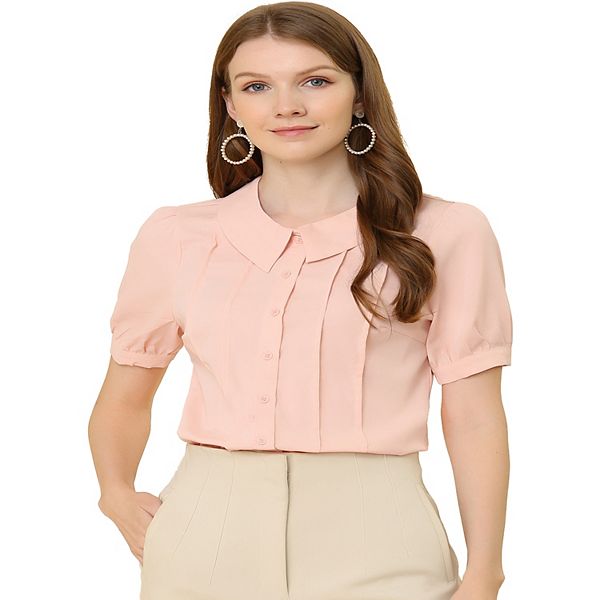 Women's Turn Down Collar Shirt Short Sleeve Pleated Button Blouse Top