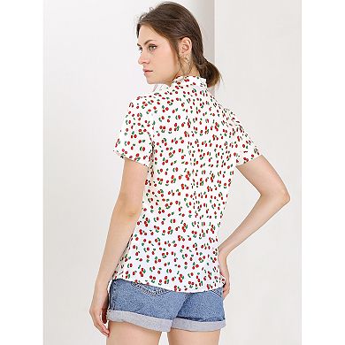 Women's Short Sleeve Tie Bow Neck Printed Blouse