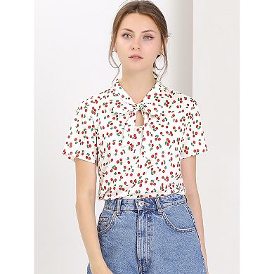 Women's Short Sleeve Tie Bow Neck Printed Blouse