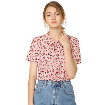 Women's Short Sleeve Tie Bow Neck Printed Blouse