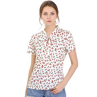 Women's Short Sleeve Tie Bow Neck Printed Blouse