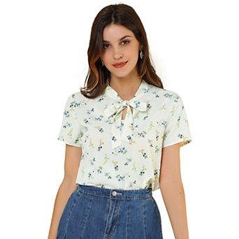 Women's Short Sleeve Tie Bow Neck Printed Blouse