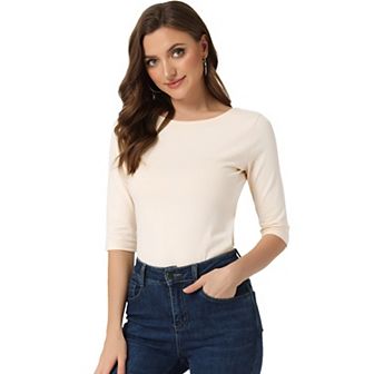 Women's Elbow Sleeves Boat Neck Slim Fit Classic Tee