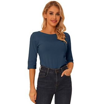 Women's Elbow Sleeves Boat Neck Slim Fit Classic Tee